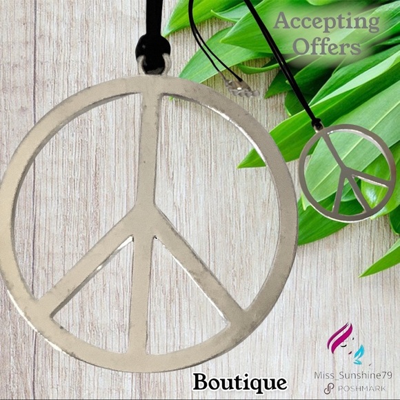 Jewelry - Boutique -  silver color Tibetan silver PEACE Sign on braided leather necklace